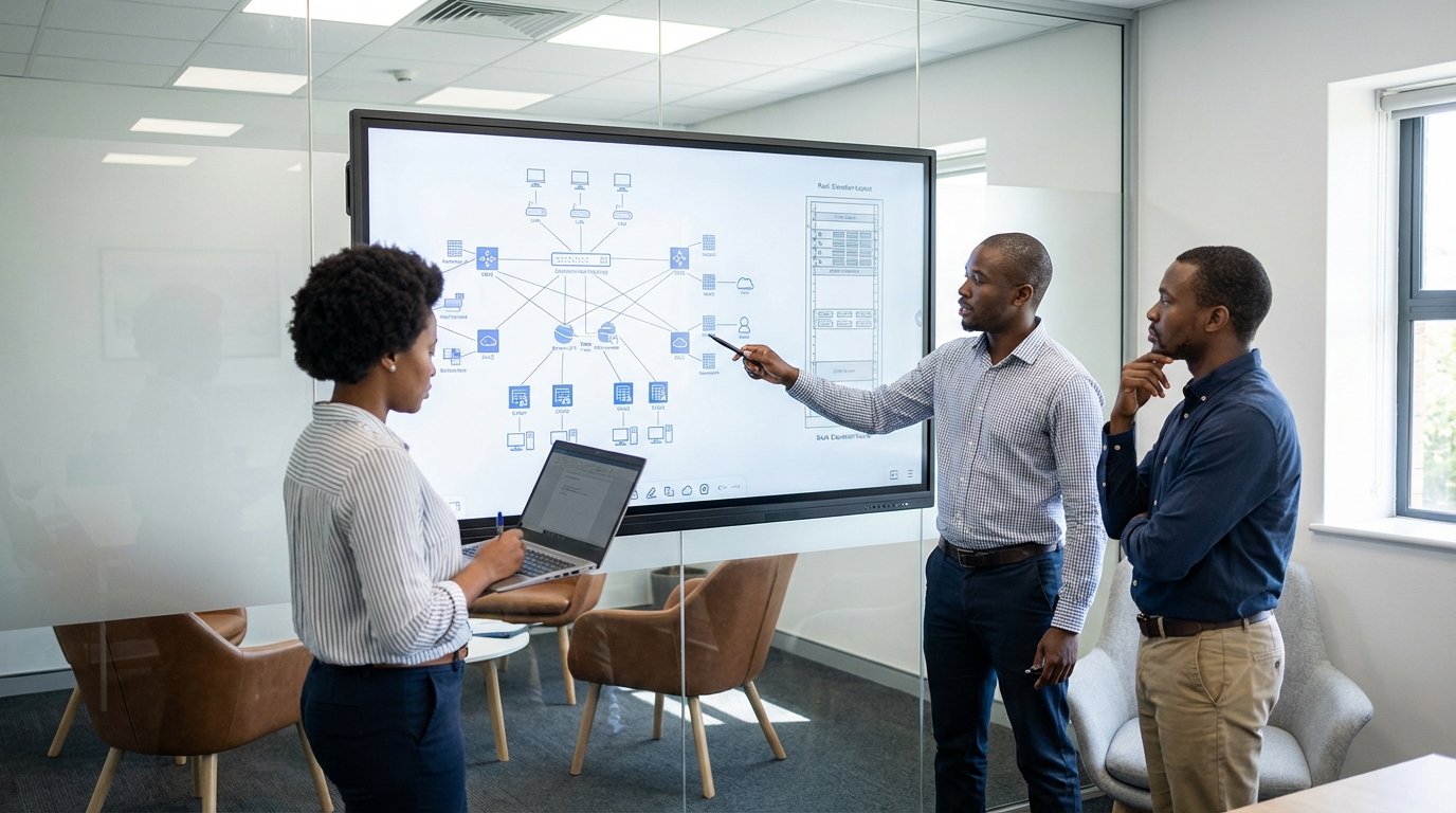 ICT consultants reviewing network architecture and data centre floor plans